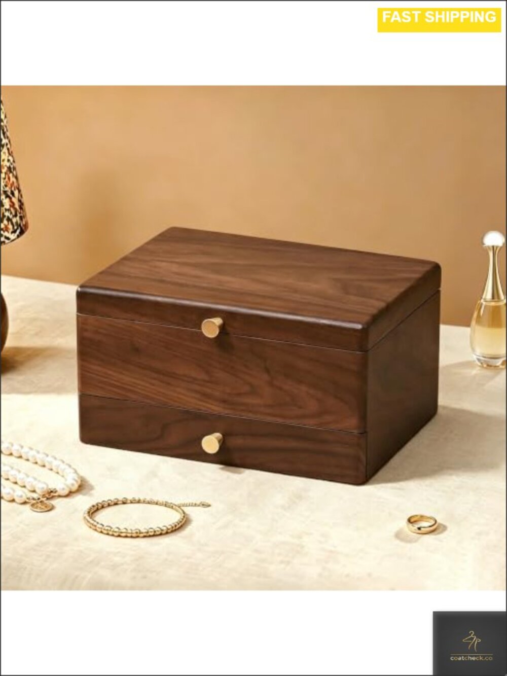 Solid Black Walnut Wooden Jewelry Box 3 Layer Organizer with Drawer for Women